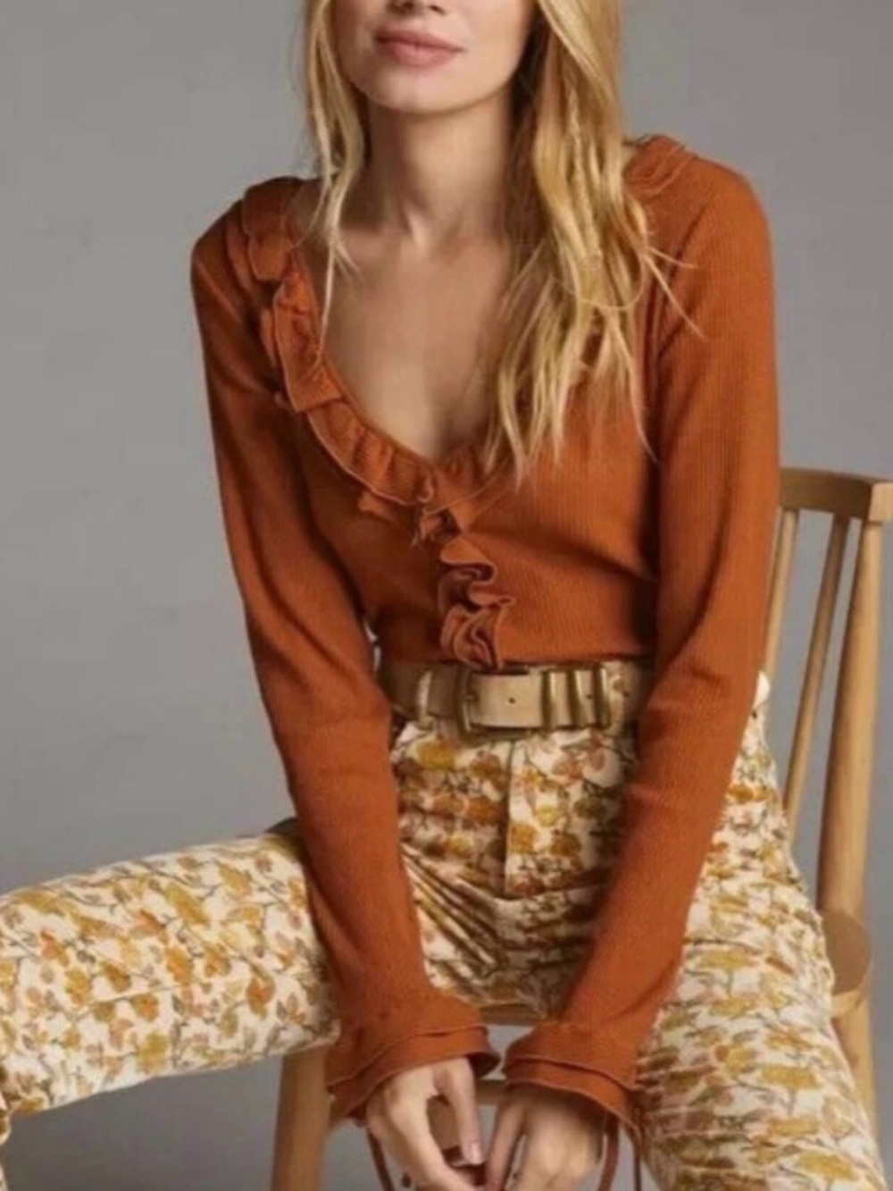 Anthropologie Maeve Long Sleeve Ruffled Top V Neck Ruffle Tie Sleeve Cedar M